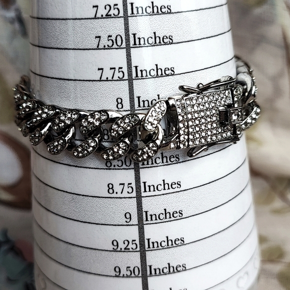 Cuban Chunky Heavy Link Chain Silver Tone Rhinestone Encrusted Bracelet UNISEX - Picture 13 of 14